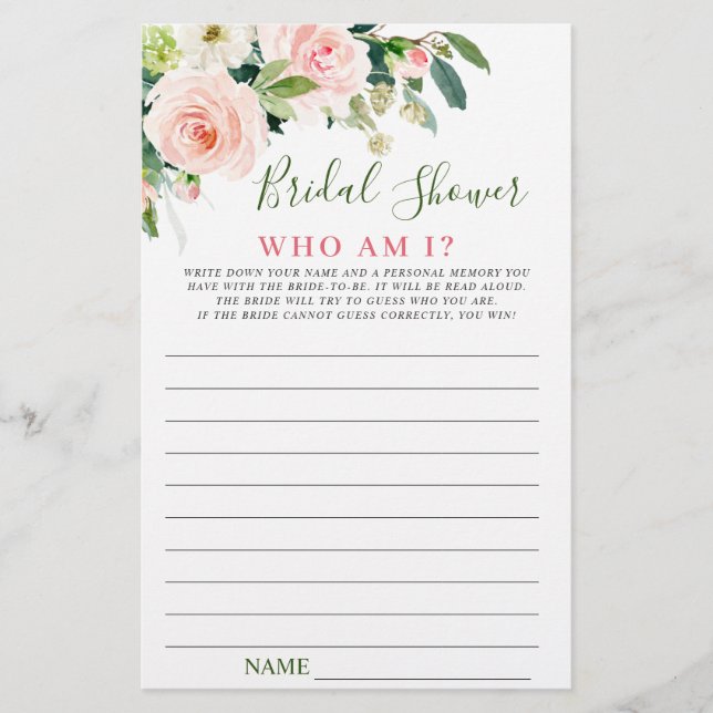 Pink Blush Flowers Greenery Bridal Shower Game (Front)