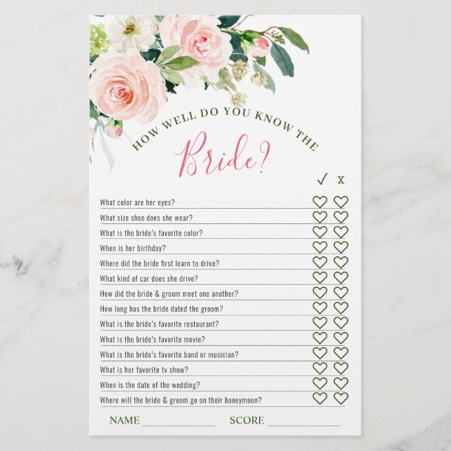 Pink Blush Flowers Greenery Bridal Shower Game (Front)
