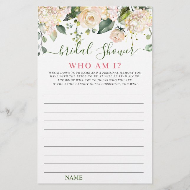 Pink Blush Flowers Greenery Bridal Shower Game (Front)