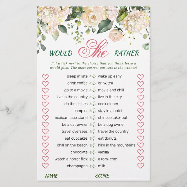 Pink Blush Flowers Greenery Bridal Shower Game (Front)