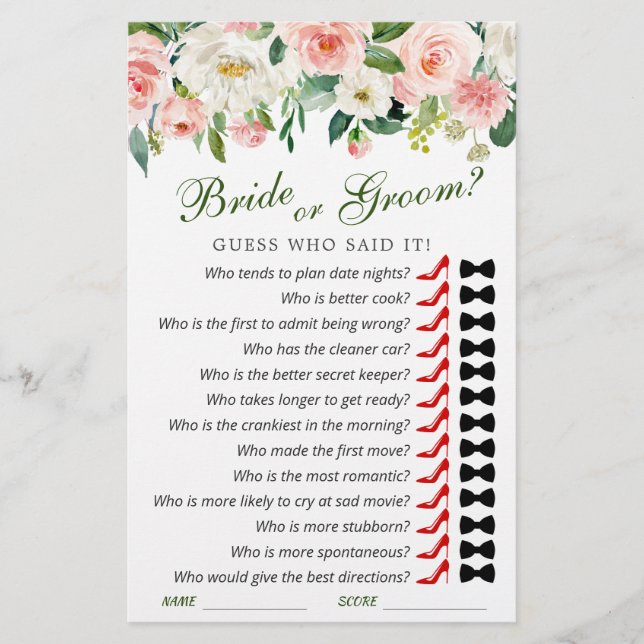 Pink Blush Flowers Greenery Bridal Shower Game (Front)
