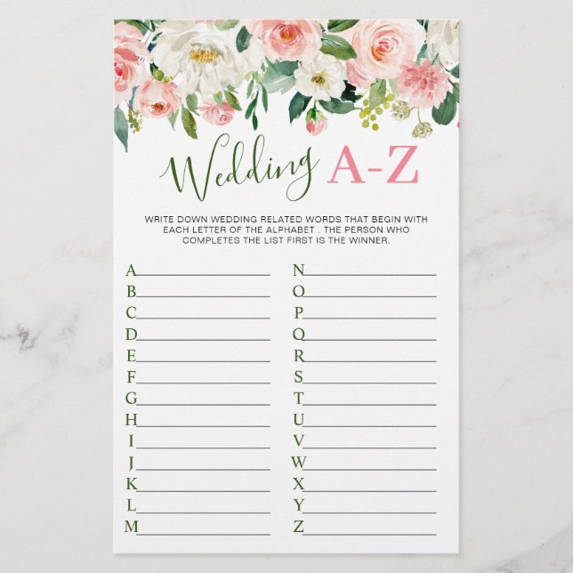 Pink Blush Flowers Greenery Bridal Shower Game (Front)