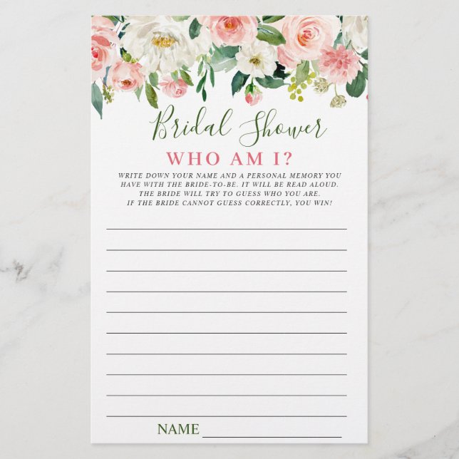 Pink Blush Flowers Greenery Bridal Shower Game (Front)
