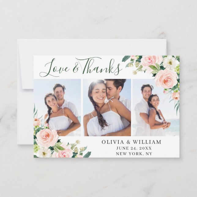 Pink Blush Flowers Greenery Floral 3 PHOTO Thank You Card (Front)