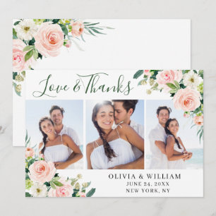 Pink Blush Flowers Greenery Floral 3 PHOTO Thank You Card
