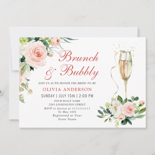 Pink Blush Flowers Greenery Floral Brunch & Bubbly Invitation (Front)