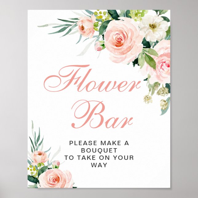 Pink Blush Flowers Greenery Floral Flower Bar Sign (Front)