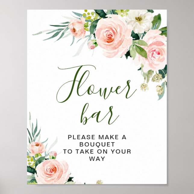 Pink Blush Flowers Greenery Floral Flower Bar Sign (Front)