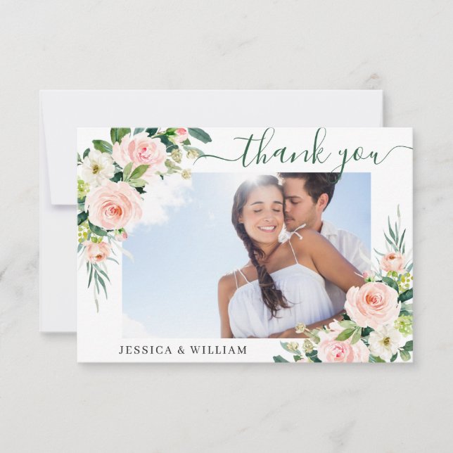 Pink Blush Flowers Greenery Floral PHOTO Thank You Card (Front)