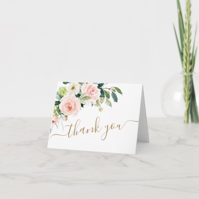 Pink Blush Flowers Greenery Floral Thank You Card (Front)