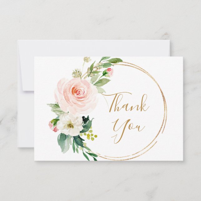 Pink Blush Flowers Greenery Floral Thank You Card (Front)