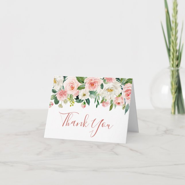 Pink Blush Flowers Greenery Floral Thank You Card (Front)