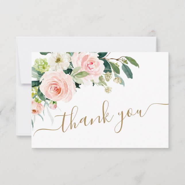 Pink Blush Flowers Greenery Floral Thank You Card (Front)