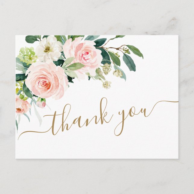 Pink Blush Flowers Greenery Floral Thank You Postcard (Front)