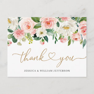 Pink Blush Flowers Greenery Floral Thank You Postcard