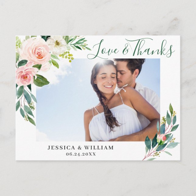 Pink Blush Flowers Greenery Floral Thank You Postcard (Front)