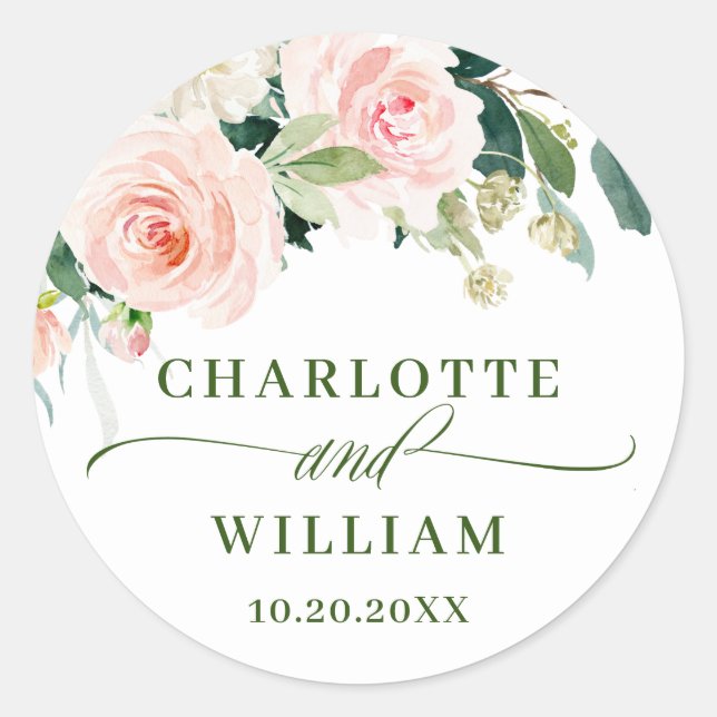 Pink Blush Flowers Greenery Floral Wedding Classic Round Sticker (Front)