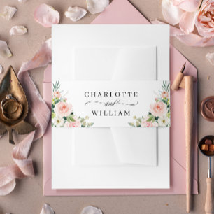 Pink Blush Flowers Greenery Floral Wedding Invitation Belly Band