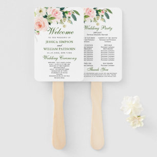 Pink Blush Flowers Greenery Floral Wedding Program Hand Fan