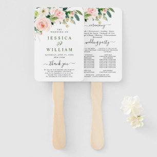 Pink Blush Flowers Greenery Floral Wedding Program Hand Fan