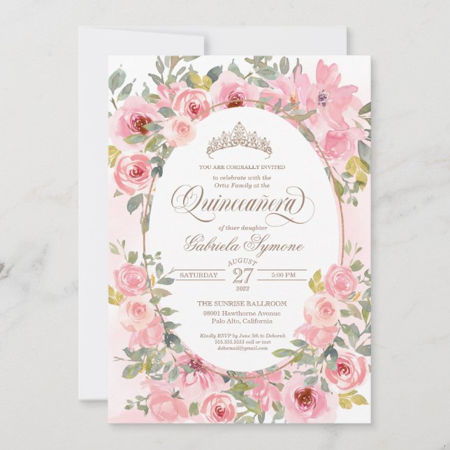 Pink & Blush Flowers Watercolor Floral Quinceanera Invitation (Front)