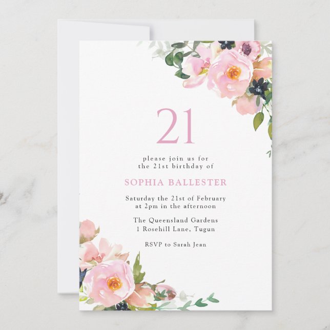 Pink Blush Flowers Womans 21st Birthday Party Invitation (Front)