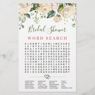 Pink Blush Flowers Word Search Bridal Shower Game