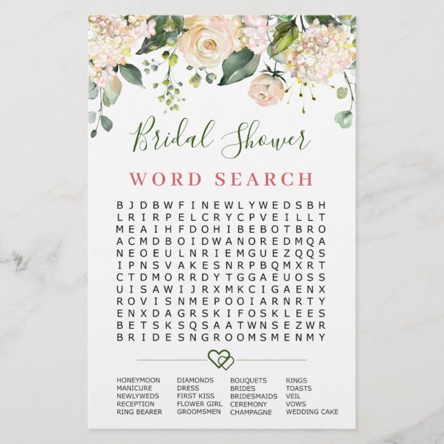 Pink Blush Flowers Word Search Bridal Shower Game (Front)