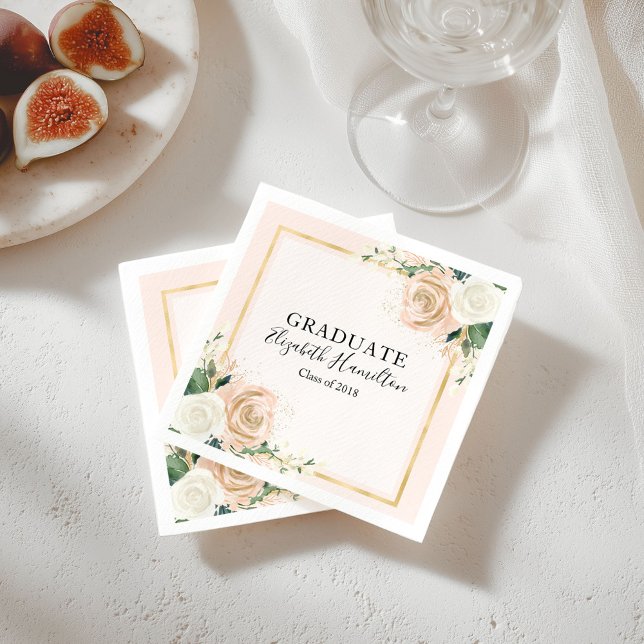 Pink Blush & Foil Gold Chic Floral Graduation Napkin (Creator Uploaded)