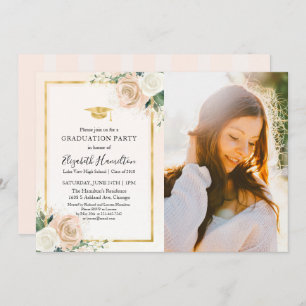 Pink Blush & Foil Gold Floral Grad Party Photo Invitation