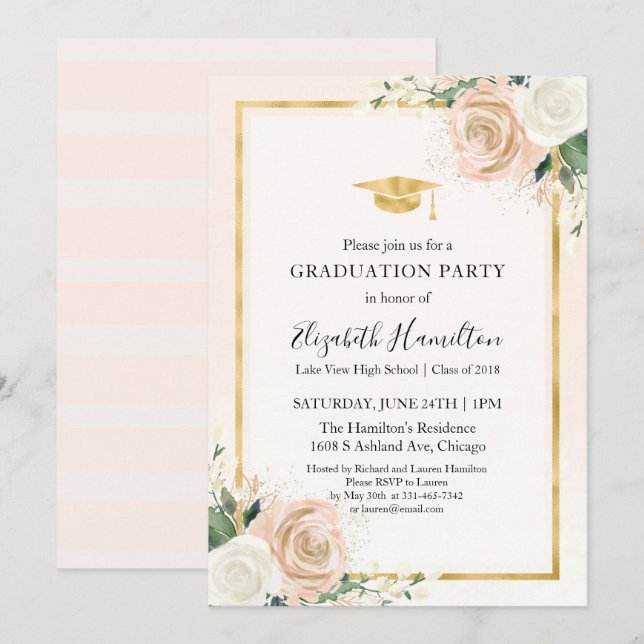 Pink Blush & Foil Gold Floral Graduation Party Invitation (Front/Back)