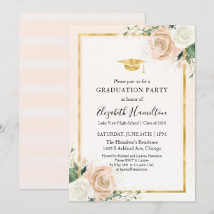 Pink Blush & Foil Gold Floral Graduation Party Invitation