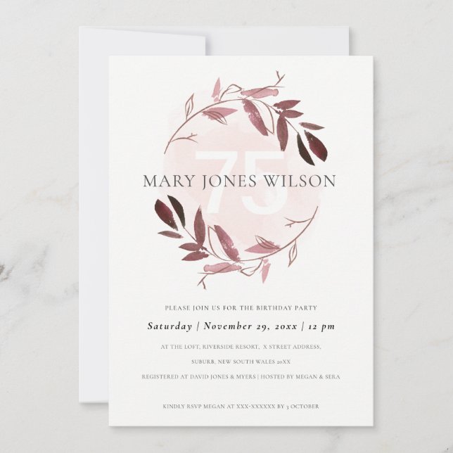 PINK BLUSH FOLIAGE WREATH ANY AGE 75 BIRTHDAY CARD (Front)