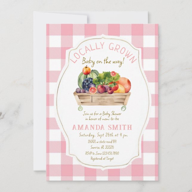 Pink Blush Fruits Veggies Gingham Baby Shower  Invitation (Front)