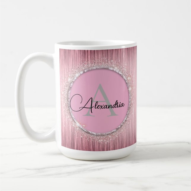 Pink Blush Girly Glittery Monogram Coffee Mug (Left)