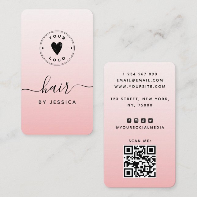Pink Blush Girly Hair QR Code & Add Your Logo Cute Business Card (Front/Back)