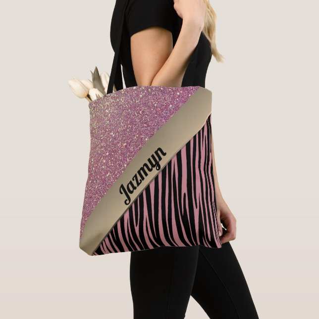 Pink Blush Glam Zebra Print Personalised Tote Bag (Close Up)