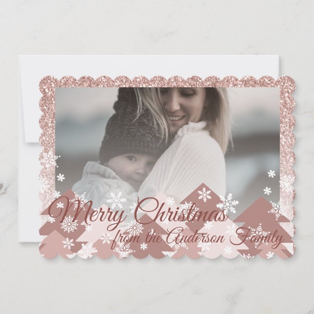 Pink Blush Glitter Girly Christmas Trees Snowflake Holiday Card (Front)