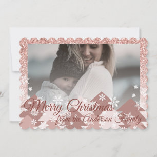 Pink Blush Glitter Girly Christmas Trees Snowflake Holiday Card