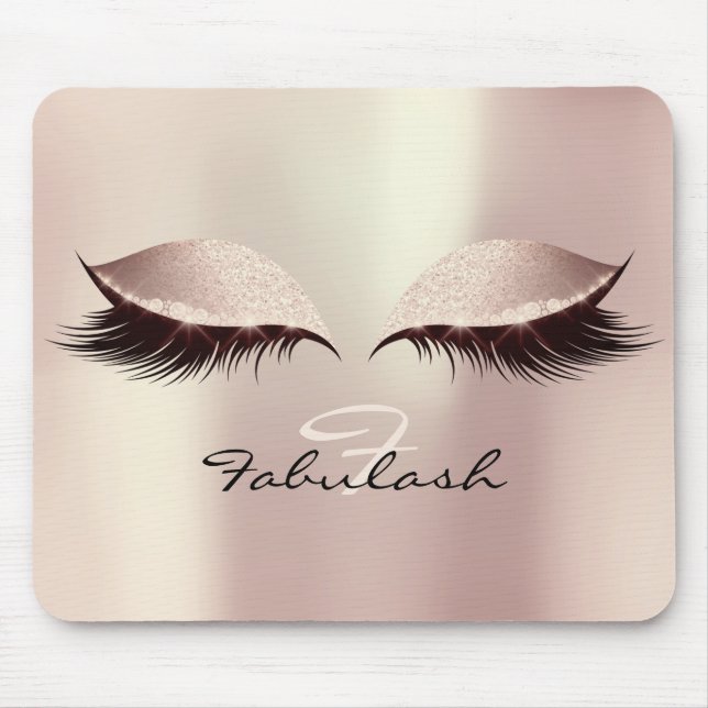 Pink Blush Glitter Monogram Beauty Lashes Makeup Mouse Mat (Front)