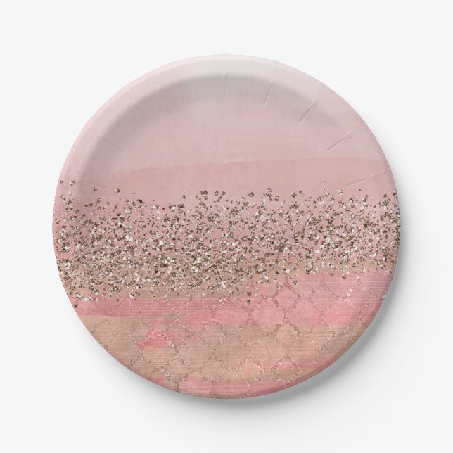 Pink Blush Glitter Moroccan Indian Princess Party Paper Plate (Front)