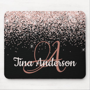 Pink Blush Glitter Name and Monogram Mouse Mat