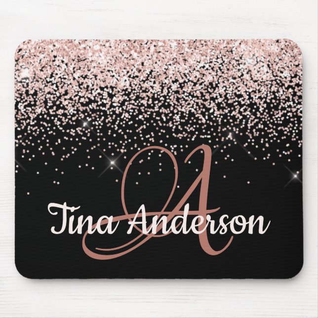 Pink Blush Glitter Name and Monogram Mouse Mat (Front)
