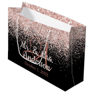 Pink Blush Glitter Wedding Name Monogram Large Gift Bag