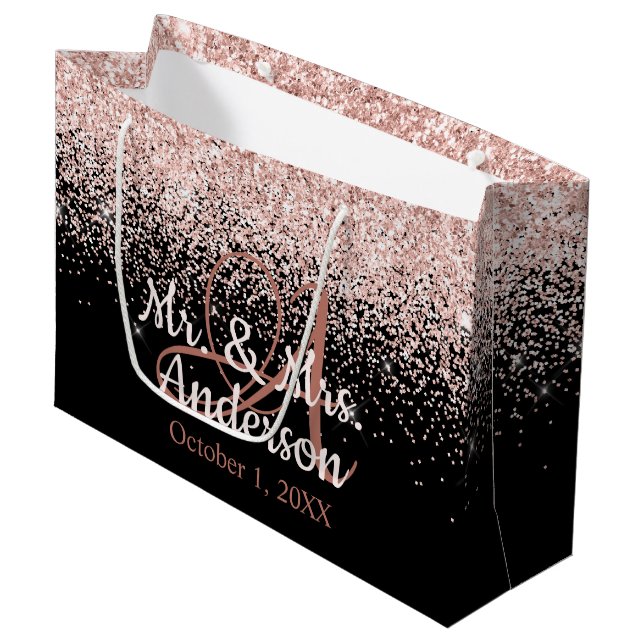 Pink Blush Glitter Wedding Name Monogram Large Gift Bag (Front Angled)