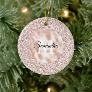 Pink Blush Glitzy Glitter Monogram Ceramic Tree Decoration