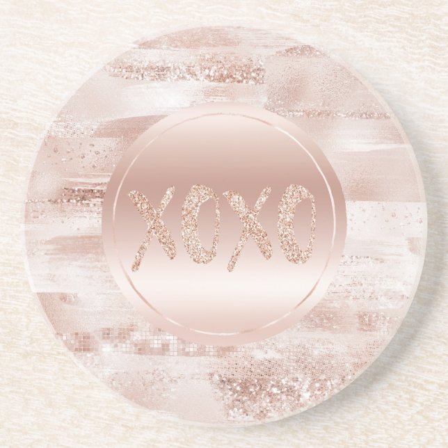 Pink Blush Glitzy Glitter Sparkle XOXO Coaster (Front)