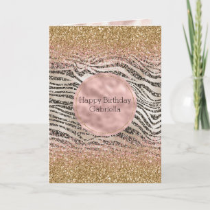 Pink Blush Gold Black Glitzy Glitter Zebra Print Card
