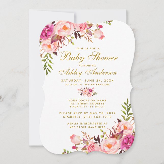 Pink Blush Gold Floral Baby Shower Invitation B (Front)