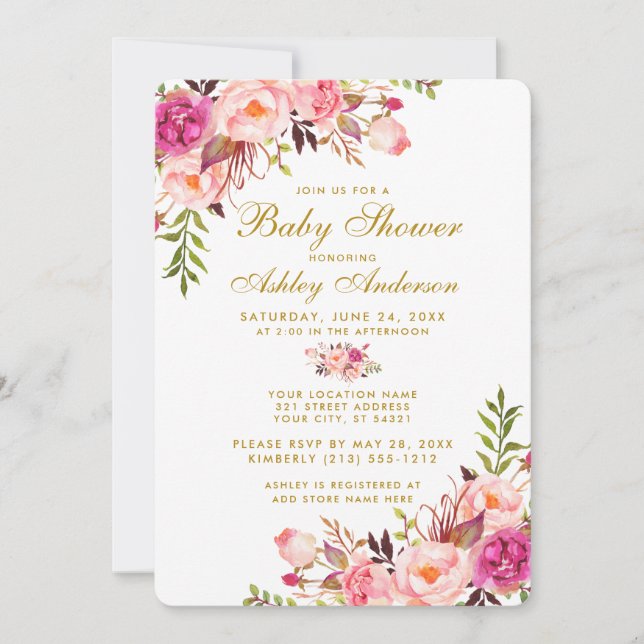 Pink Blush Gold Floral Baby Shower Invitation R (Front)